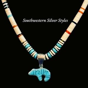 Vintage Navajo Turquoise Sterling Silver Coral Heishi Bead Fetish Bear Necklace